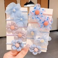 Set de gomas para el pelo infantiles con flores de tela azul y rosa para niñas - B3-6# / Paquete de 10 / Azul