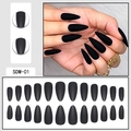 Close-up of matte black almond press-on nails set with size chart and textured detail - Matte Black (SDM-01) / Glue Type
