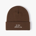 Dark brown knit beanie with white in my ERAS era embroidery for winter warmth - One Size / Coffee