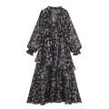 Abito lungo bohémien in chiffon con stampa paisley, scollo a V e balze - XS / Nero