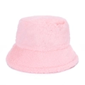 Close-up of soft pink faux fur texture on a warm winter bucket hat for women - One Size / Pink