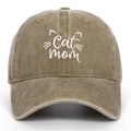 Detail of white Cat Mom embroidery on vintage washed khaki cotton baseball cap - One Size / Khaki