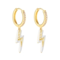 Close-up of gold and white lightning bolt earrings with enamel finish and zircon stones - Lightning Pendant / White/Gold