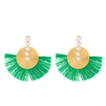 Bohemian fan-shaped tassel earrings in gold with white pearls and vibrant green fringe - Green