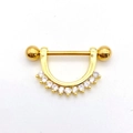 Close-up of golden stainless steel horseshoe nipple ring with inlaid cubic zirconia - Gold - Horseshoe Pave Zircon