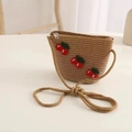 Kids natural straw crossbody bag with red cherry embroidery and zipper closure - Cherry Bag / Khaki