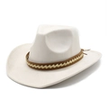 Classic cream wide brim western cowboy hat with brown braided band and flat top crown - M (56-59cm) / Off White