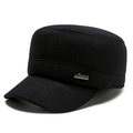 Winter flat top cadet hat for elderly men featuring warm ear protection and sports badge - Adjustable / Black