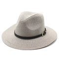 Beige woven straw fedora hat with narrow black leather band and gold buckle - M (56-58cm) / Gray