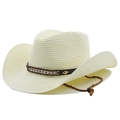 Detail of cream straw cowboy hat showing texture, brown band and adjustable chin cord - Creamy White