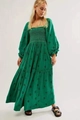 Smaragdgrünes Maxikleid mit eckigem Ausschnitt, Laternenärmeln und Stickerei - Seegrün