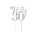 Silberner Glitzer Hello 30! Kuchendeko mit Holzstäben für den 30. Geburtstag - Hello 30! / Silber