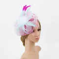 Chapeau fascinateur rose et bleu avec voile en résille et plumes pour mariage - Multicolore (Bleu Ciel, Rose, Blanc)