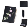 Black PU leather short wallet for women featuring pink floral embroidery and gold zipper - Black
