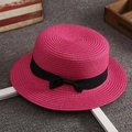 Summer flat top straw sun hat for women in vibrant rose red with black ribbon bow tie - One Size / Rose Red