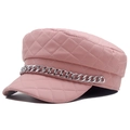 Roze gewatteerde kunstlederen militaire pet met stijlvolle zilveren metalen ketting - Ongeveer 58cm (Verstelbaar) / Roze