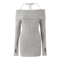 Close-up of light grey ribbed knit dress featuring off-shoulder neck and thumbhole cuffs - S / Gray