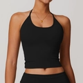 Halter neck black yoga crop top with straps and padded support for fitness - S / Premium Black