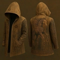 Detail of Viking Valknut symbol and Celtic horse embroidery on vintage brown hooded cape - Xjk01025072316
