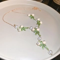 Rose gold lily of the valley necklace with white pearls and green enamel pendant - Lily of the Valley Pearl Tassel Choker
