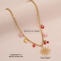 Golden stainless steel necklace featuring colorful charms and a large sun pendant - Cherry Shell and Starfish Ocean Style (4#)