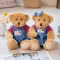 Pair of plush teddy bears in pink striped shirts and blue denim outfits for couples - 30cm Pair / Denim Set
