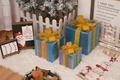 Three-piece iridescent blue Christmas gift box set with sparkling gold glitter bows - Peacock Blue Striped Christmas Gift Box