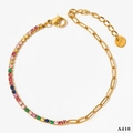 Chique vergulde roestvrijstalen enkelband met kleurrijke zirkonia en ovale schakels - Gekleurde Zirkonia Gouden Enkelband (A410)