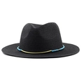 Detail of black straw fedora crown featuring sky blue bead decor and golden metal bar - Black