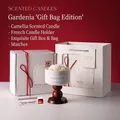 Floral ceramic scented candle set with red-brown wood base in a premium white gift box - Gardenia [Gift Box + Bag]