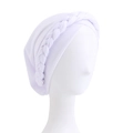 Elastic white turban hat for women featuring a stylish braided twist and cross design - White