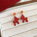 Detailed macro view of red pony drop earrings with gold finish on beige velvet - 22# Red Horse Chinese Ring Dangle Earrings (Pair)