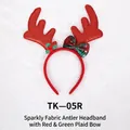 Festive shiny fabric reindeer antler headband with a red and green plaid bow accessory - TK-05R (Shiny Fabric Antler Plaid Bow Headband - Red)