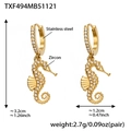 Detailed view of 18k gold plated stainless steel seahorse earrings with zircon stones - Gold Seahorse Earrings (TXF494)