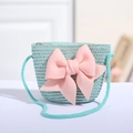 Mini mint green woven straw crossbody bag for children with a decorative pink bow - Green with 3D Pink Bow