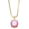 Close-up of pink round gemstone pendant with four-prong setting and golden box chain - Pink
