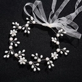 Handmade bridal headband with white pearls, rhinestones and ribbon on black background - Silver Handmade Wire Wrapped Artificial Pearl Hair Band (HS-J2788)