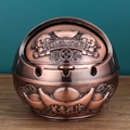 Antique red copper sphere ashtray with traditional Chinese relief carvings and lid - Red Copper Wealth Flow