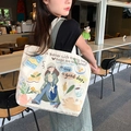 Large cream canvas tote bag with artistic cartoon illustration and long shoulder straps - Dog Walking Girl