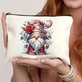 White zipper makeup bag with cute gnome and LOVE sign, held by hand for display - Pattern 13/LOVE Sign Gnome