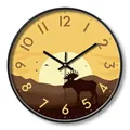 Modern 12 inch silent wall clock with black frame and sunset reindeer forest pattern - 008H Natural Sunset-Black Frame