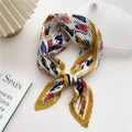 Pleated silk scarf with cat print and ginger yellow border shown in a stylish knot - Beige Pleated Cat Profile