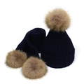 Dettaglio del set in maglia blu scuro con berretto e sciarpa e pompon in finta pelliccia - Blu navy