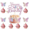 Close-up of pink glitter butterfly cake toppers with Happy Birthday sign decoration - Rainbow Large Topper + 6 Rainbow Blue Butterfly Small Toppers