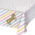 Rainbow unicorn party tablecloth with golden silhouette and macaron striped edges - Large Bronzing Unicorn Tablecloth
