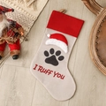 Calza natalizia a zampa di cane con testo 'I Ruff You' in lino beige e rosso - Zampa di Cane-I Ruff You