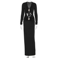Detail of elegant black long sleeve dress with cut-outs and rhinestone water-drop buckles - S / Black
