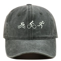 Detailed view of the triathlon sport embroidery on the washed cotton baseball cap fabric - Adjustable / Army Green
