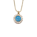 Golden box chain necklace with blue enamel smiley face pendant and cubic zirconia halo - Blue