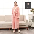 Thick flannel pink bathrobe for women with contrast trim and matching waist tie belt - Dusty Pink Women